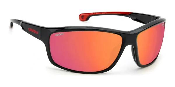 Carrera-Ducati-Sunglasses-Black-Red-Mirror-130 130-degree angled view of Carrera Ducati Sunglasses Black Red Mirror, photographed against a white background.
