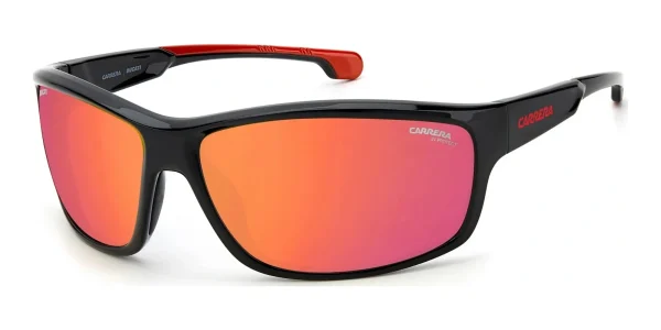 45-degree angled view of Carrera Ducati Sunglasses Black Red Mirror, photographed against a white background.