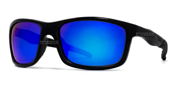 Men-Women-Polarized-Sunglasses-Black-Blue-Flame 45-degree angled view of Polarized Sunglasses For Men & Women Black Blue Mirror, photographed against a white background.