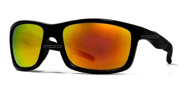 Men-Women-Polarized-Sunglasses-Black-Red-Flame 45-degree angled view of Polarized Sunglasses For Men & Women Black Red Mirror, photographed against a white background.
