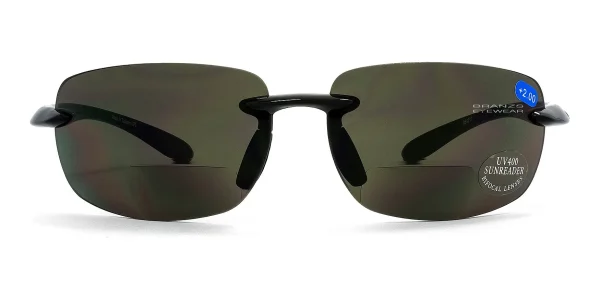 Wrap-Rimless-Bifocal-Sunglasses-Black Front view of Wrap Rimless Bifocal Sunglasses Black, against a white background.