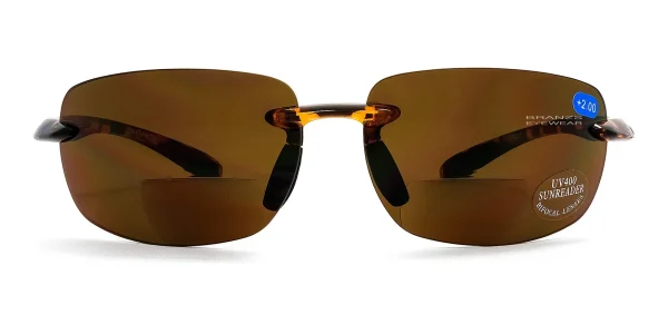 Wrap-Rimless-Bifocal-Sunglasses-Tortoise-a Front view of Wrap Rimless Bifocal Sunglasses Tortoise, against a white background.