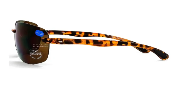 Wrap-Rimless-Bifocal-Sunglasses-Tortoise-c Side view of Wrap Rimless Bifocal Sunglasses Tortoise, photographed against a white background.