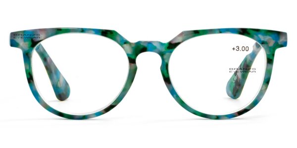Retro Reading Glasses Blue Tortoise Round Retro Reading Glasses styled with a glossy blue and dark grey tortoise shell patterned frame, flat on a white background.
